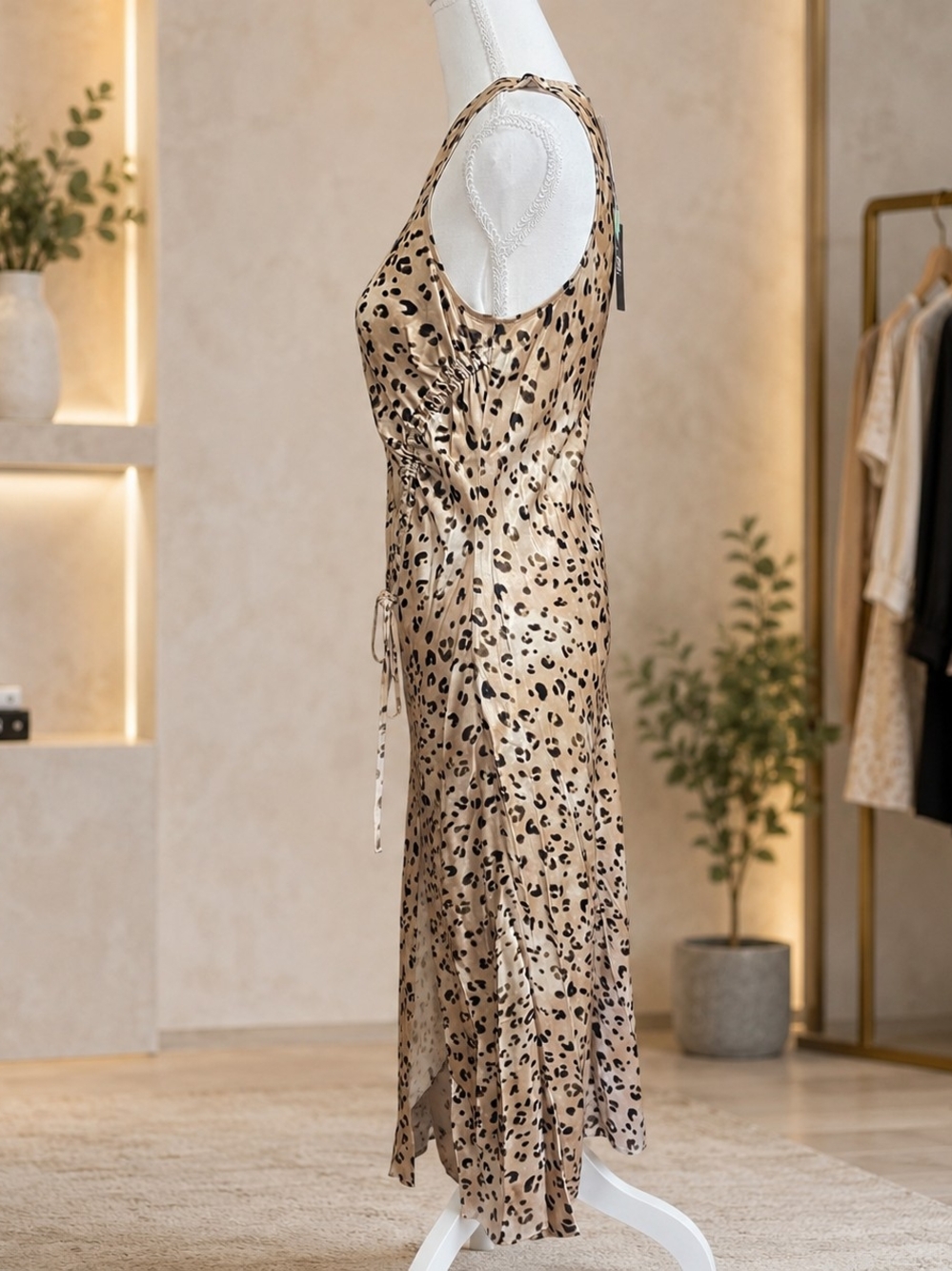 Rails Beige Leopard Satin Maxi Dress with Ruched Side - Picture 4 of 5